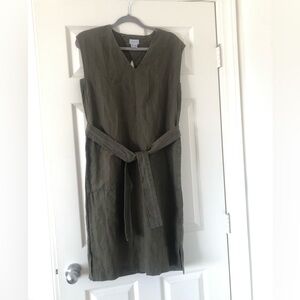 Linen Jigsaw Army Green Geometric Khaki Midi Dress with Waist Tie
